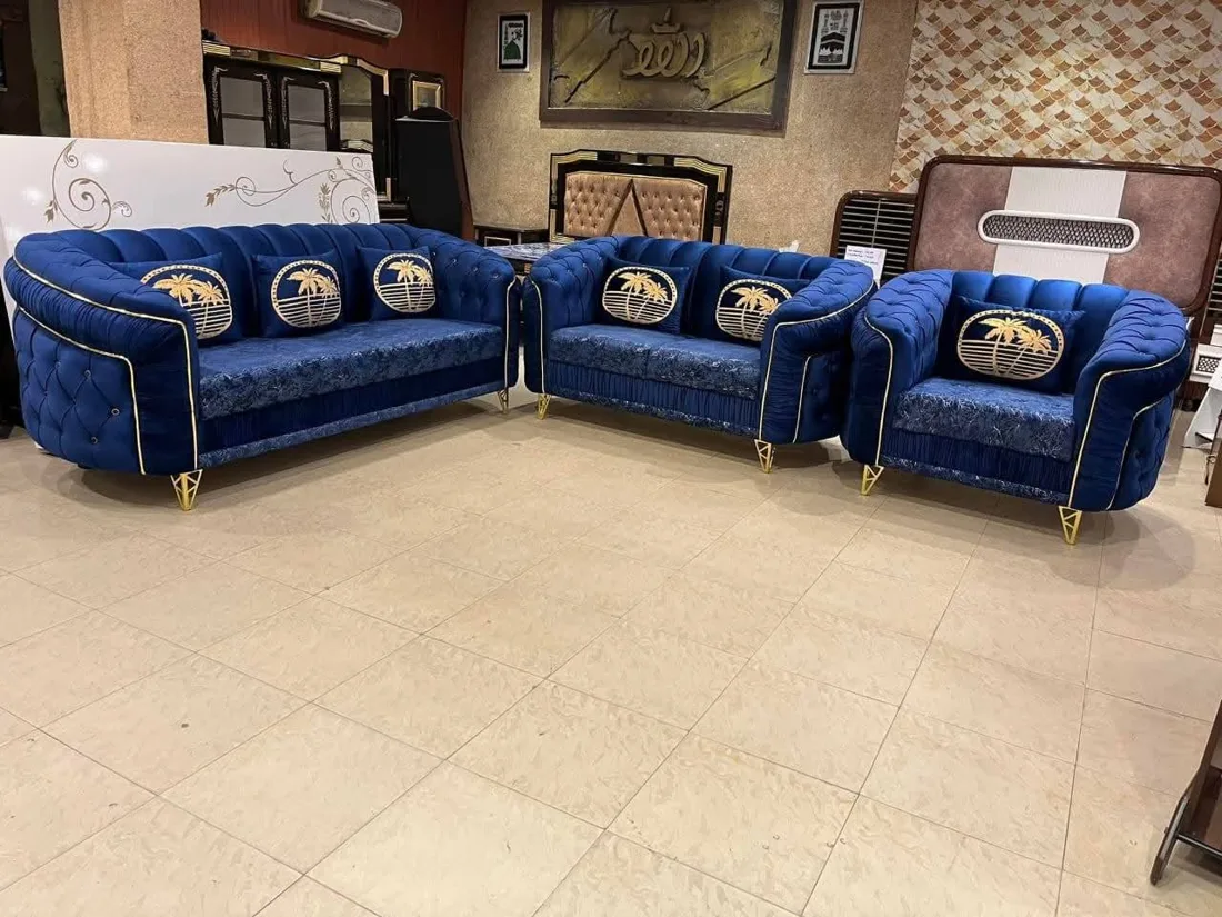 Royal blue tufted sofa set with gold legs
